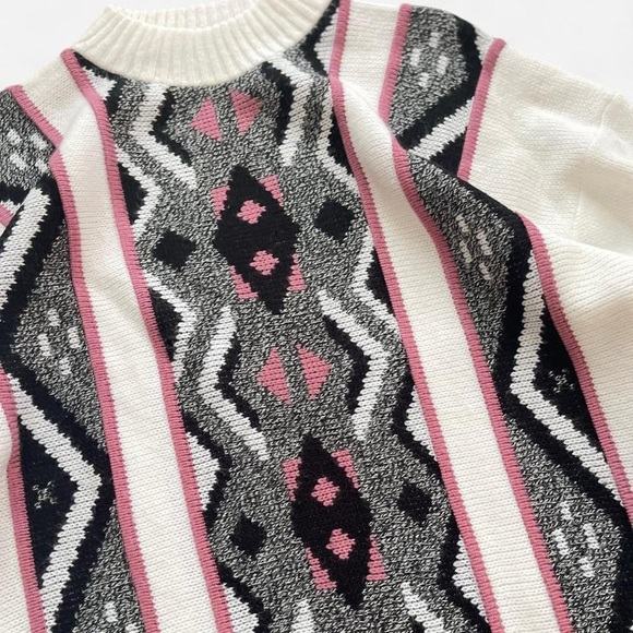 Vintage Private Eyes Adele Knit Chunky Mock Neck Long Sweater Aztec Geometric - Picture 2 of 7
